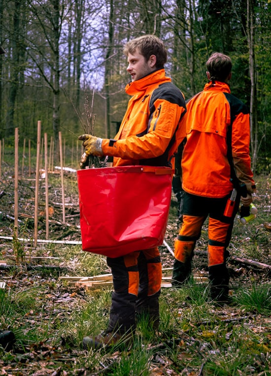 Zwei Forstwirte im Wald tragen ergonomische Pflanztaschen, gefüllt mit Setzlingen, während der Arbeit in einem Aufforstungsprojekt.