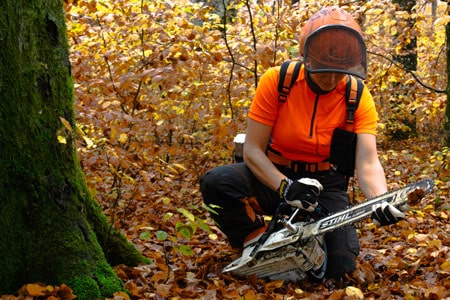 Forstwirtin im Wald mit Profi-Forstgürtel von Fuegos und Stihl-Kettensäge, bereit für präzise Arbeiten