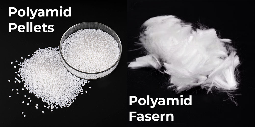 Polyamid Pellets und Fasern – Polyamid-Granulat in einer Glasschale und lose weiße Polyamid-Fasern auf schwarzem Hintergrund.