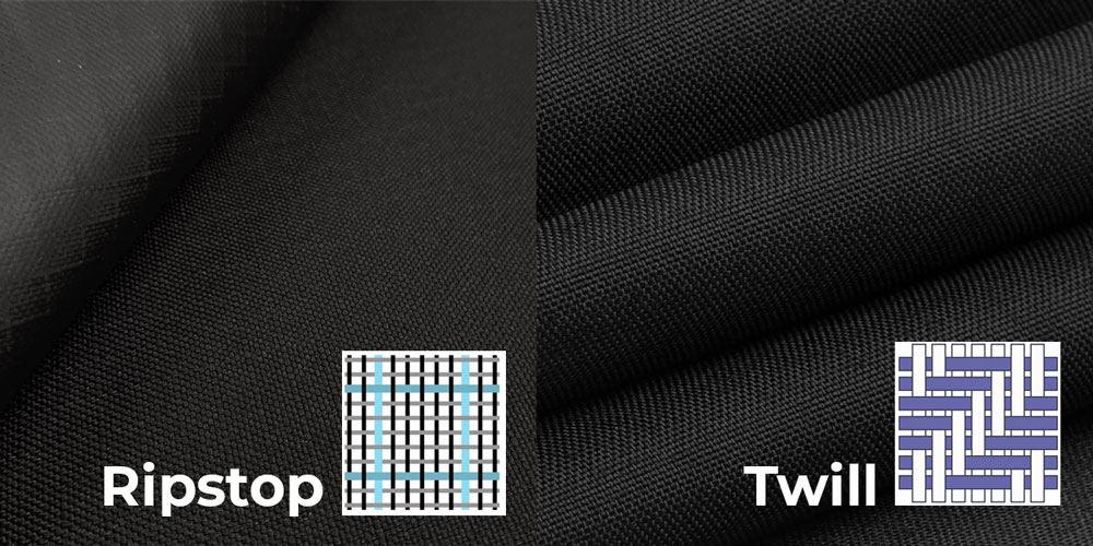 Profi-Forstgürtel – Vergleich von Ripstop- und Twill-Gewebe aus Polyamid Cordura: Links Ripstop mit quadratischer Verstärkung, rechts Twill mit diagonalen Linien auf schwarzem Material.